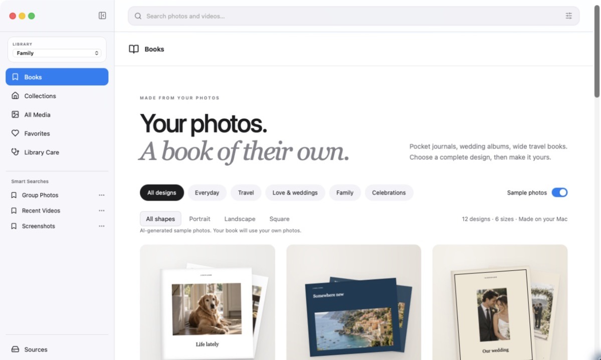 Anthora Books showing premade wedding, travel, family, and everyday photo-book designs